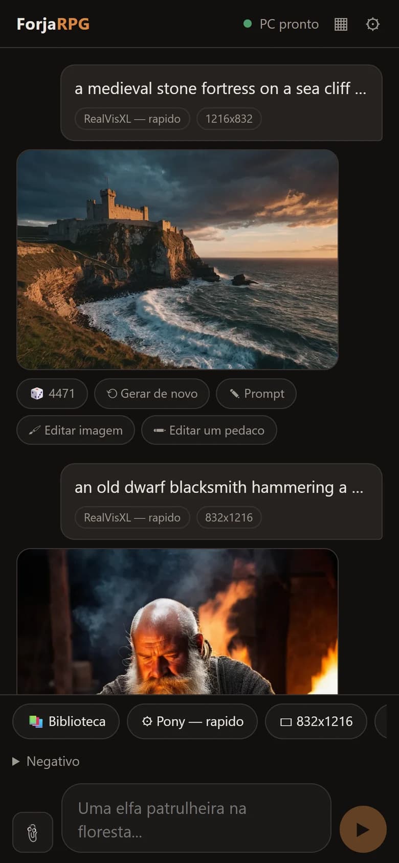 Conversa no ForjaRPG com um castelo sobre um penhasco gerado a partir do prompt