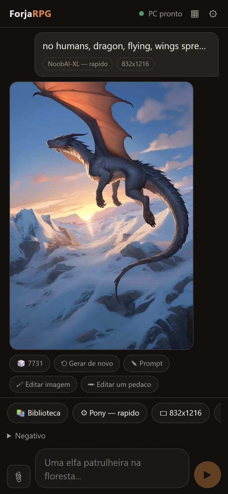 Imagem de um dragão sobre montanhas nevadas gerada no ForjaRPG, com os botões para gerar de novo e editar