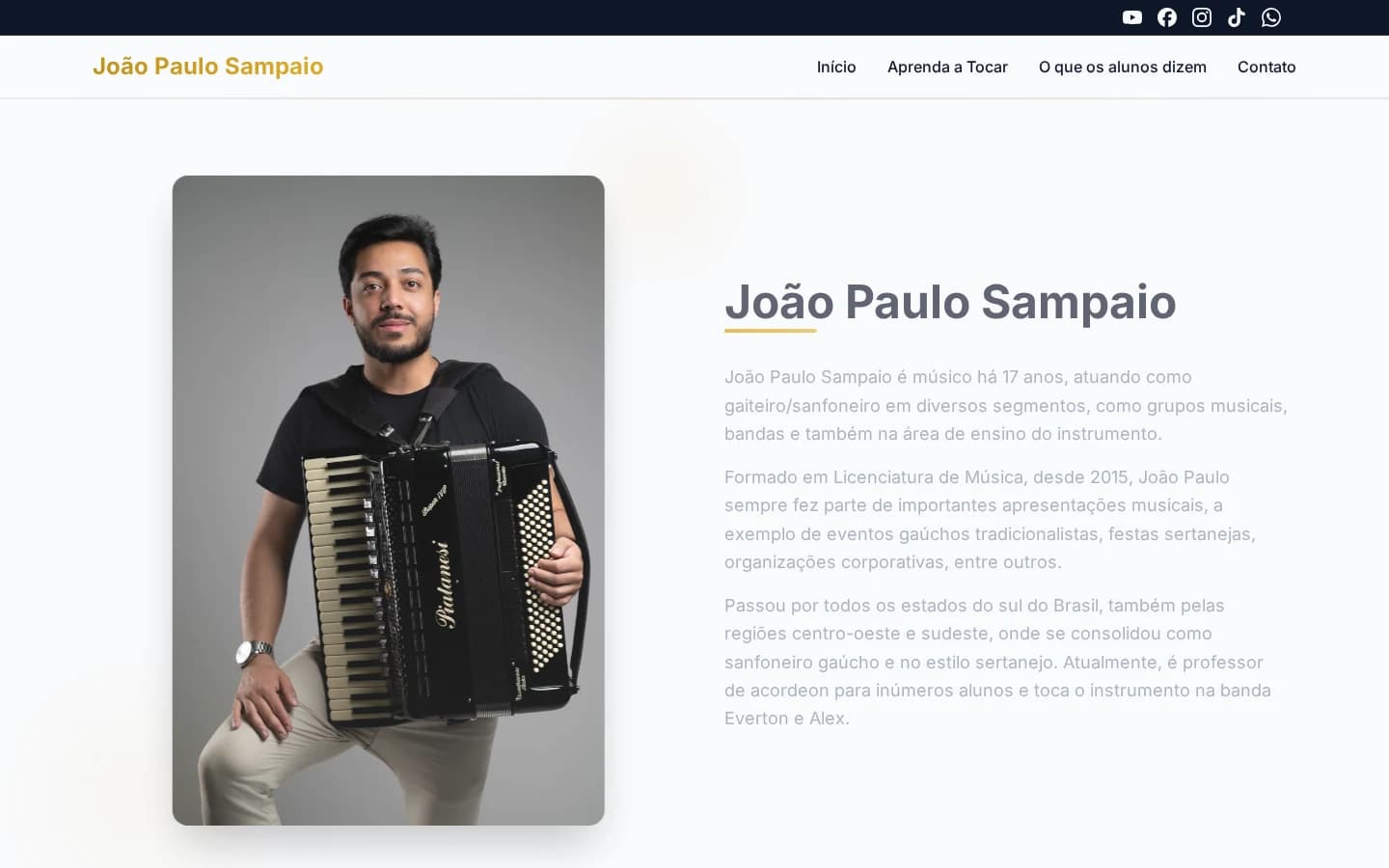 Página inicial do site de João Paulo Sampaio, músico e professor de acordeon